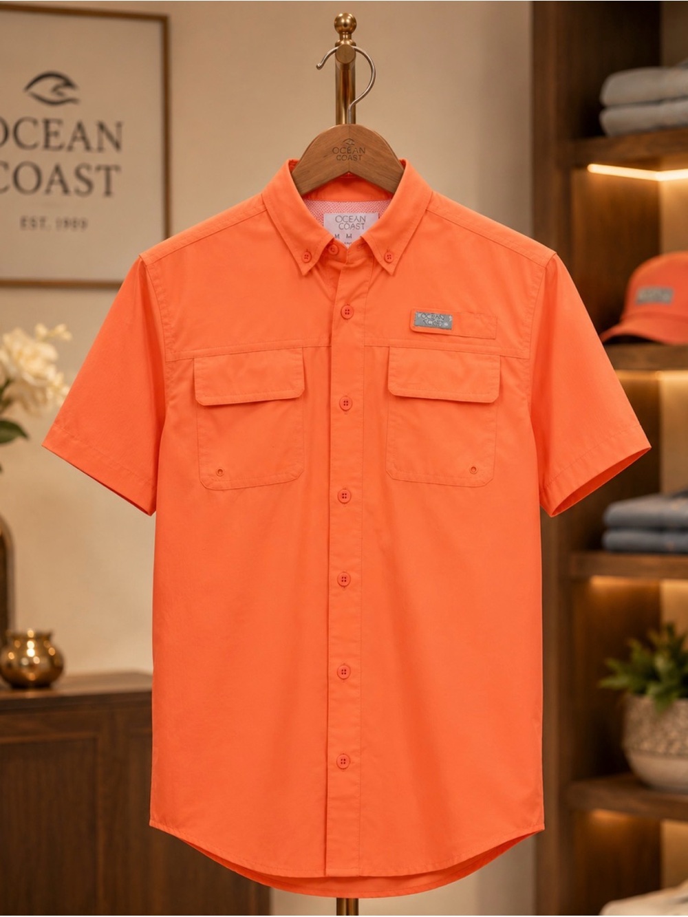 Ocean Coast Men’s Short-Sleeve Button-Down Shirt — Orange